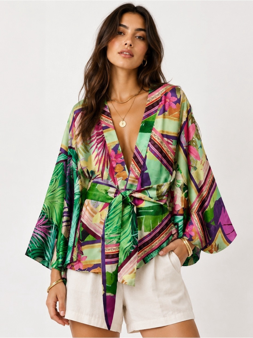 ZARA SATIN EFFECT TROPICAL MULTI COLOR PRINT KIMONO